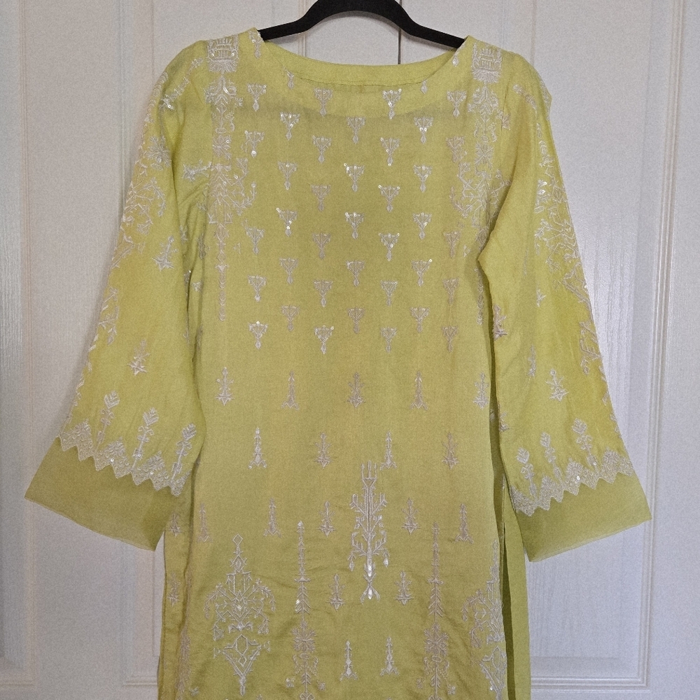 Embroidered Lime Yellow Top Shirt Long Kurti Cotton Silk Organza Size S/M - Picture 2 of 11